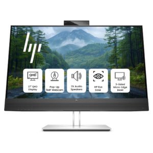 HP E27m G4 QHD USB-C Conferencing Monitor – 27-Inch IPS Display, 2560 × 1440, Built-in 5MP Camera, Echo-Cancelling Microphone, Speakers, Adjustable Stand
