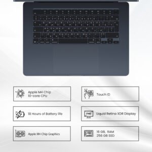 Apple MacBook Air MW1L3 (2025) Laptop with 15" Retina Display, Apple M4 Chip (10-Core CPU, 10-Core GPU), 16GB Unified RAM, 256GB SSD Storage, macOS