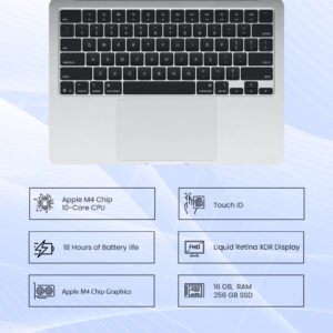 Apple MacBook Air MW0W3 (2025) Laptop with 13" Retina Display, Apple M4 Chip (10-Core CPU, 8-Core GPU), 16GB Unified RAM, 256GB SSD Storage, macOS