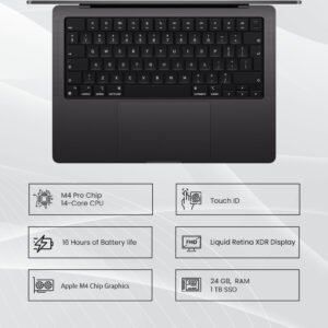 Apple MacBook Pro MX2J3 (2025) Laptop with 14" Liquid Retina XDR Display, Apple M4 Pro Chip (14-Core CPU, 20-Core GPU), 24GB Unified RAM, 1TB SSD Storage, macOS