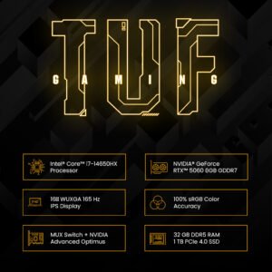 ASUS TUF Gaming F16 FX608JMR Laptop, 16" WUXGA IPS 165Hz Display, Intel Core i7-14650HX, 32GB RAM, 1TB SSD, GeForce RTX 5060 8GB, English K/B, Win11, Jaeger Gray | 90NR0NB1-M003N0