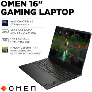 HP OMEN Gaming Laptop, 16" 2K 144Hz FHD IPS Display, Intel Core Ultra 7 255H, 16GB RAM, 1TB SSD, GeForce RTX 5060 8GB GPU, English Keyboard, Windows 11 Home, Shadow Black | BZ4A3UA#ABA
