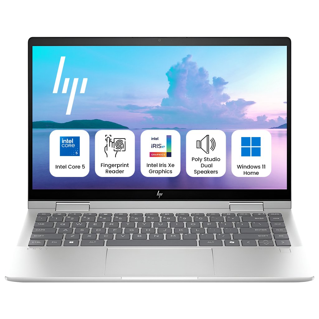 HP Envy x360 2-in-1 2025 Laptop with 14" FHD Touch Display, 10-Core Intel Core 5-120U Processor, 8GB RAM, 512GB SSD, Fingerprint Reader, Backlit Keyboard, WiFi 6E, Windows 11