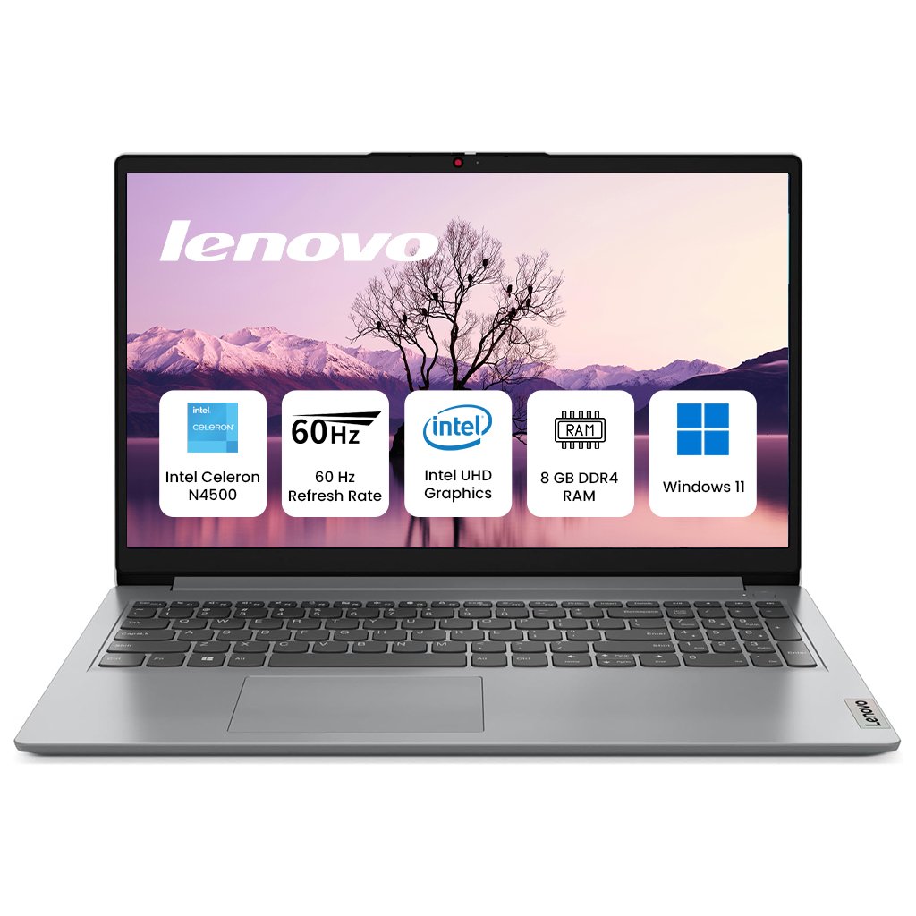 Lenovo IdeaPad 1 15IJL7 Laptop with 15.6" FHD Display, Intel Celeron N4500 Processor, 8GB DDR4 RAM, 256GB NVMe SSD, Intel UHD Graphics, Windows 11, Silver