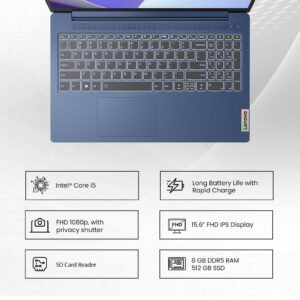 Lenovo IdeaPad Slim 3 15IRH8 Laptop with 15.6" FHD Display, Intel Core i5-13420H Processor, 8GB DDR5 RAM, 512GB SSD, Intel UHD Graphics, Windows 11 Home – Everyday & Student Use, Arctic Grey