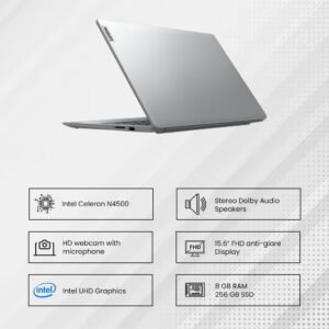 Lenovo IdeaPad 1 15IJL7 Laptop with 15.6" FHD Display, Intel Celeron N4500 Processor, 8GB DDR4 RAM, 256GB NVMe SSD, Intel UHD Graphics, Windows 11, Silver
