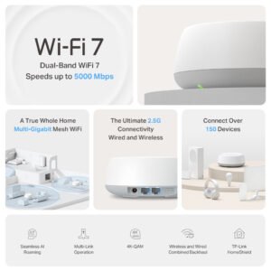TP-Link Deco BE25 BE3600 Whole Home Mesh WiFi 7 System with 3-Pack, 4 Streams, 3.6 Gbps Dual-Band, 2.5 Gbps Wired Connections, Seamless AI-Driven Roaming, TP-Link HomeShield, White