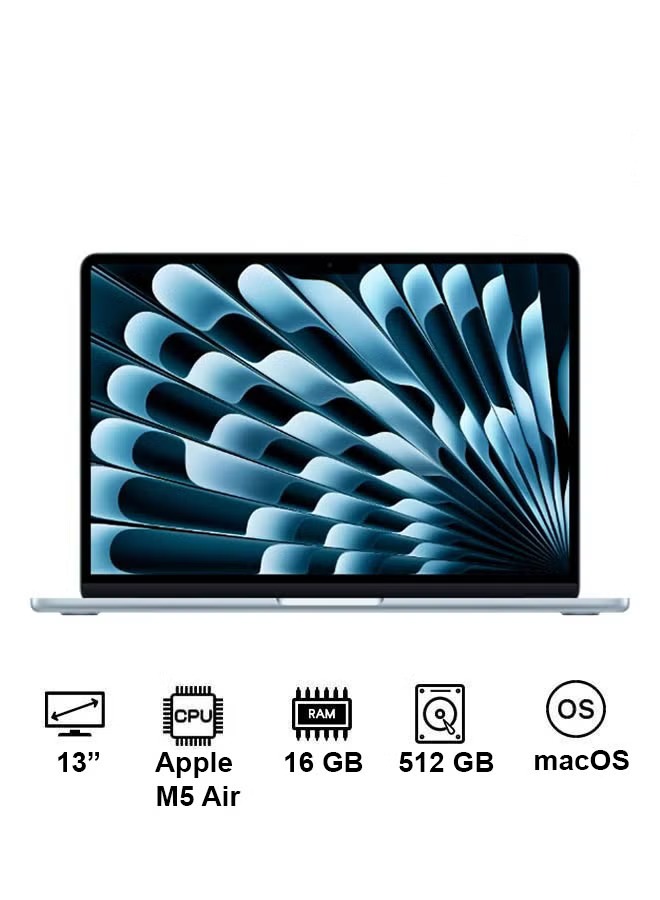 New 2026 MacBook Air MDHH4 13 Inch Display | M5 Air 10-Core CPU 8-Core GPU | 16GB RAM | 512GB SSD | macOS | English Keyboard | International Version | Sky Blue